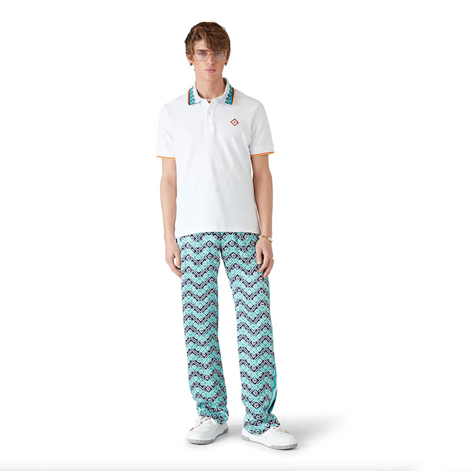 casablanca allover logo print silk wide leg pants